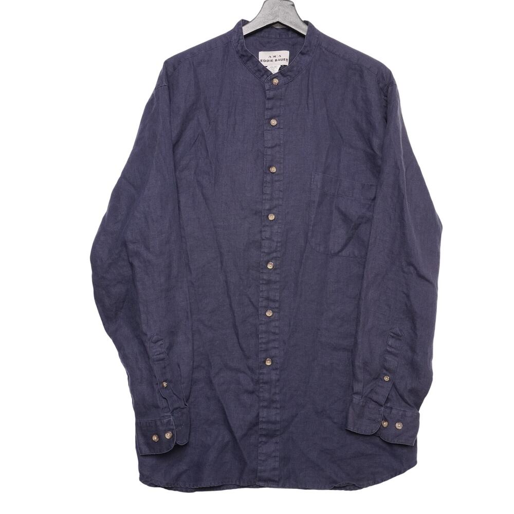 AKA Eddie Bauer Linen‎ Shirt XL Band Collar Navy Blue Long Sleeve Button Front
